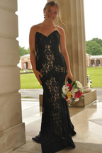 Strapless Red Appliques Mermaid Sleeveless Lace Long Formal Prom Dresses