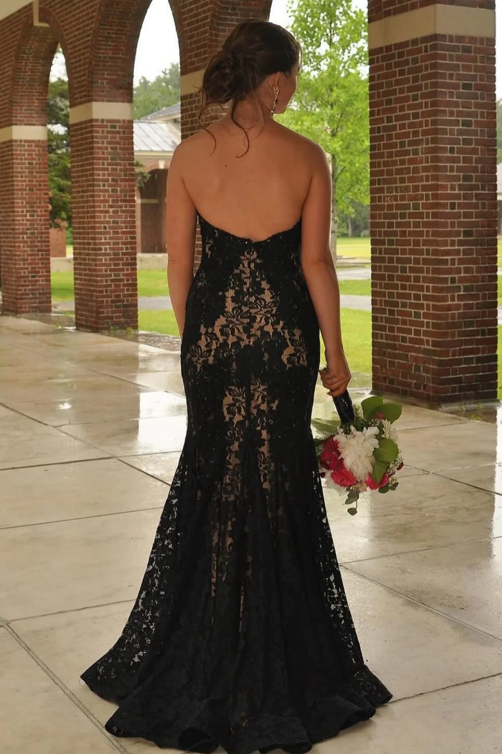 Strapless Red Appliques Mermaid Sleeveless Lace Long Formal Prom Dresses