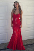 Strapless Red Appliques Mermaid Sleeveless Lace Long Formal Prom Dresses