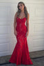 Strapless Red Appliques Mermaid Sleeveless Lace Long Formal Prom Dresses
