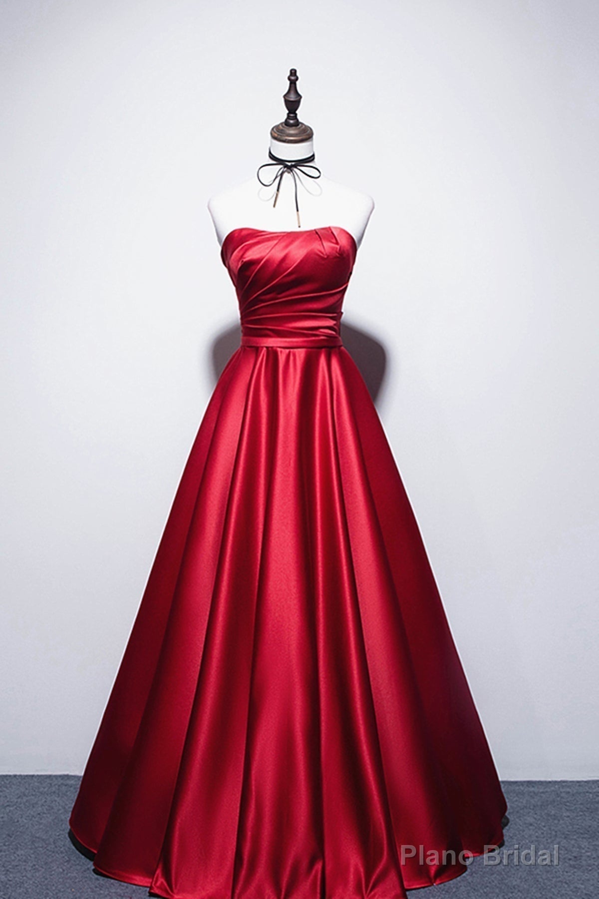 Strapless Red Satin Long Prom Dresses, Dark Red Long Formal Evening Dresses Main image