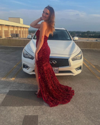 Strapless Red Sequin Formal Dresses Mermaid Sparkly Formal Prom Dresses