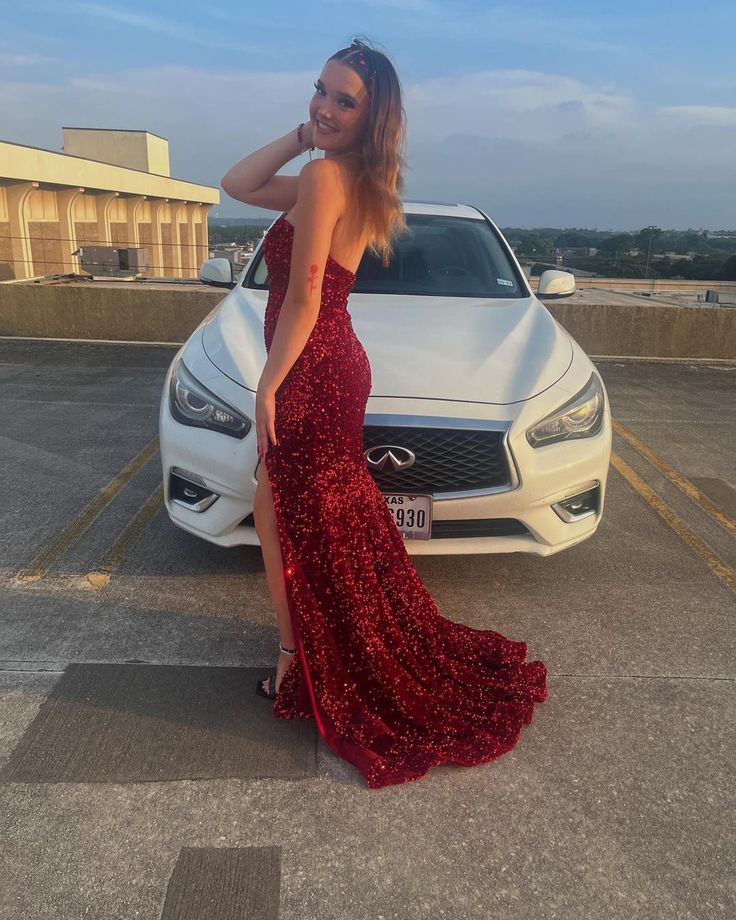 Strapless Red Sequin Formal Dresses Mermaid Sparkly Formal Prom Dresses