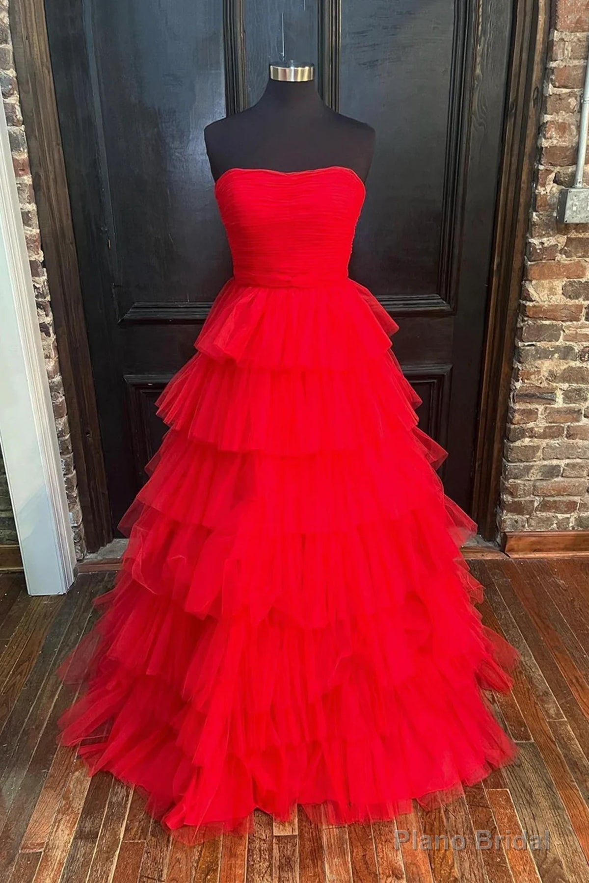 Strapless Red Tulle Long Prom Dresses, Strapless Red Tulle Long Formal Evening Dresses Main image