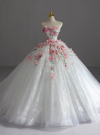 Strapless Runaway Princess Floral Tulle Floor-Length Wedding Dresses