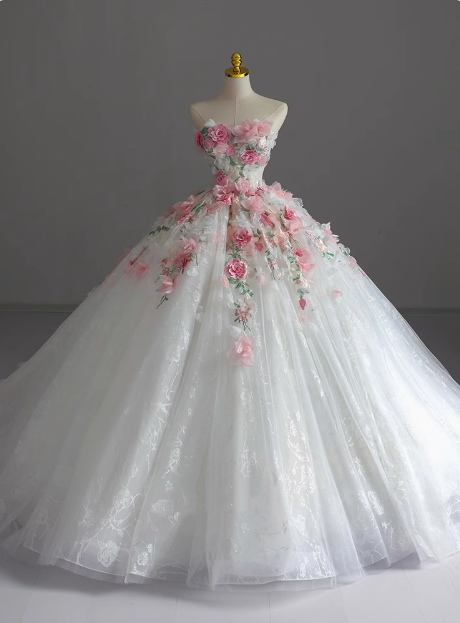 Strapless Runaway Princess Floral Tulle Floor-Length Wedding Dresses