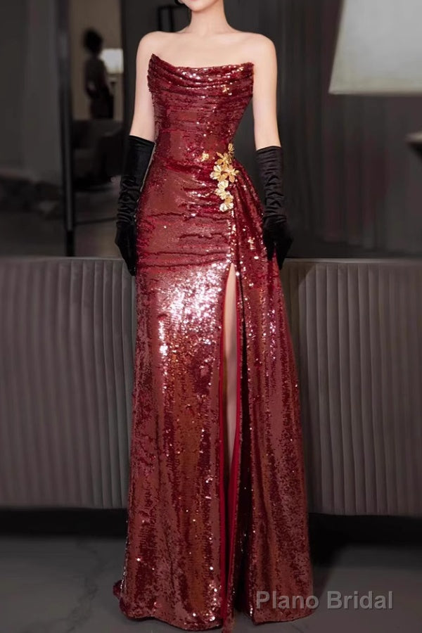 Strapless Sequin Ruched Trained Slit Mermaid Evening Gown