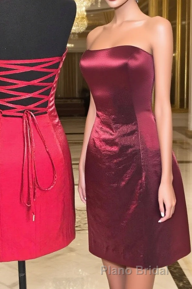 Strapless Sheath Lace-Up Burgundy Homecoming Dresses