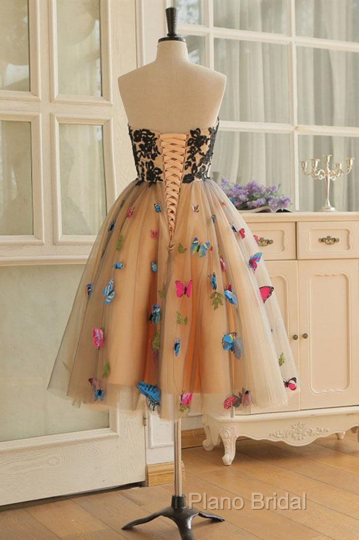 Strapless Short Champagne Floral Formal Prom Dresses, 3D Floral Short Champagne Formal Graduation Dresses Secondary image