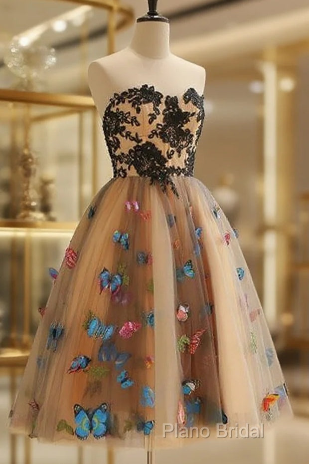 Strapless Short Champagne Floral Formal Prom Dresses, 3D Floral Short Champagne Formal Graduation Dresses