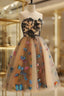 Strapless Short Champagne Floral Formal Prom Dresses, 3D Floral Short Champagne Formal Graduation Dresses