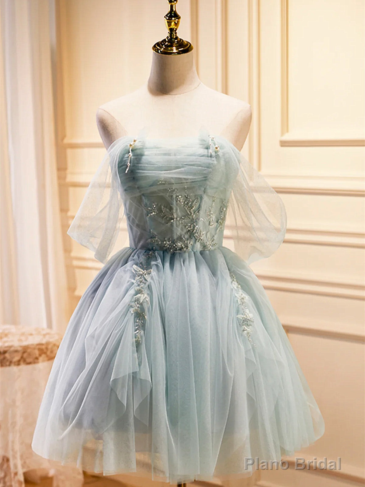 Strapless Short Green Tulle Prom Dresses, Short Green Tulle Beaded Formal Graduation Dresses Secondary image