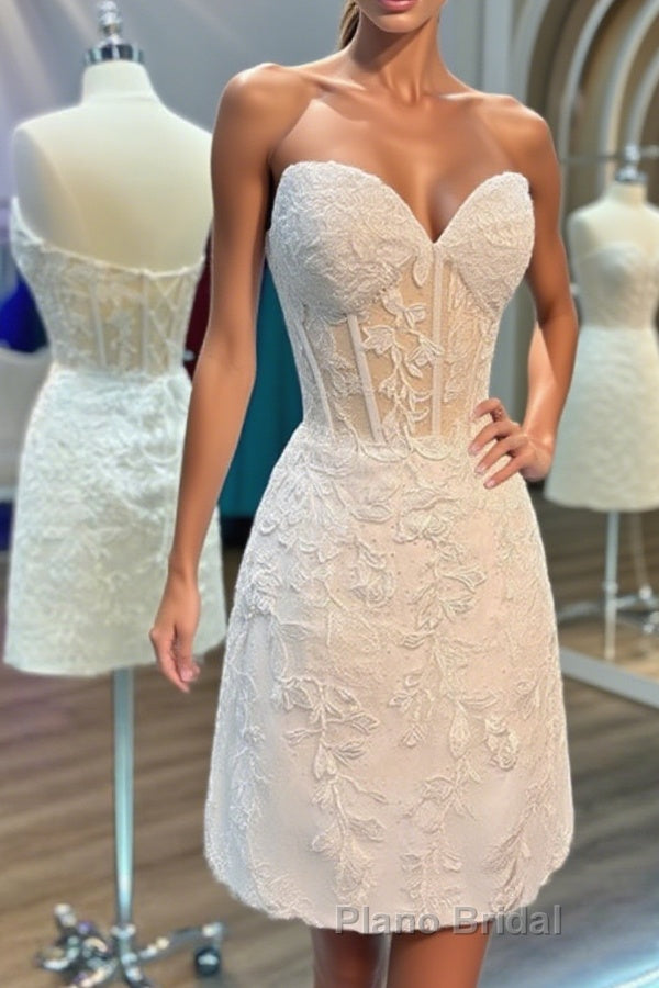 Strapless Short White Lace Formal Prom Dresses, Short White Lace Formal Homecoming Dresses Main image