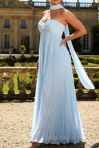 Strapless Sky Blue A Line Pleated Bridesmaid Dress with Halter Scarf