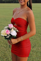 Strapless Sweetheart Keyhole Pleated Satin Tight Party Homecoming Dresses