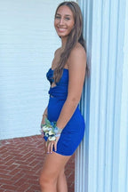 Strapless Sweetheart Keyhole Pleated Satin Tight Party Homecoming Dresses