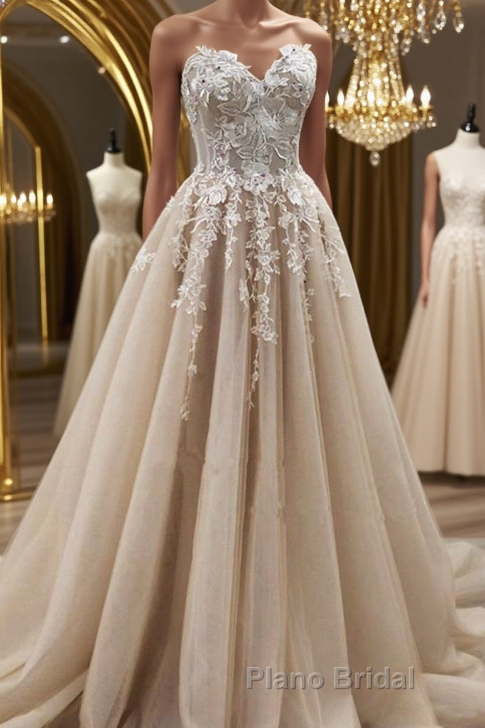 Strapless Sweetheart Neck Champagne Lace Appliques Long Formal Prom Dress, Champagne Lace Floral Formal Evening Dress