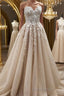 Strapless Sweetheart Neck Champagne Lace Appliques Long Formal Prom Dress, Champagne Lace Floral Formal Evening Dress