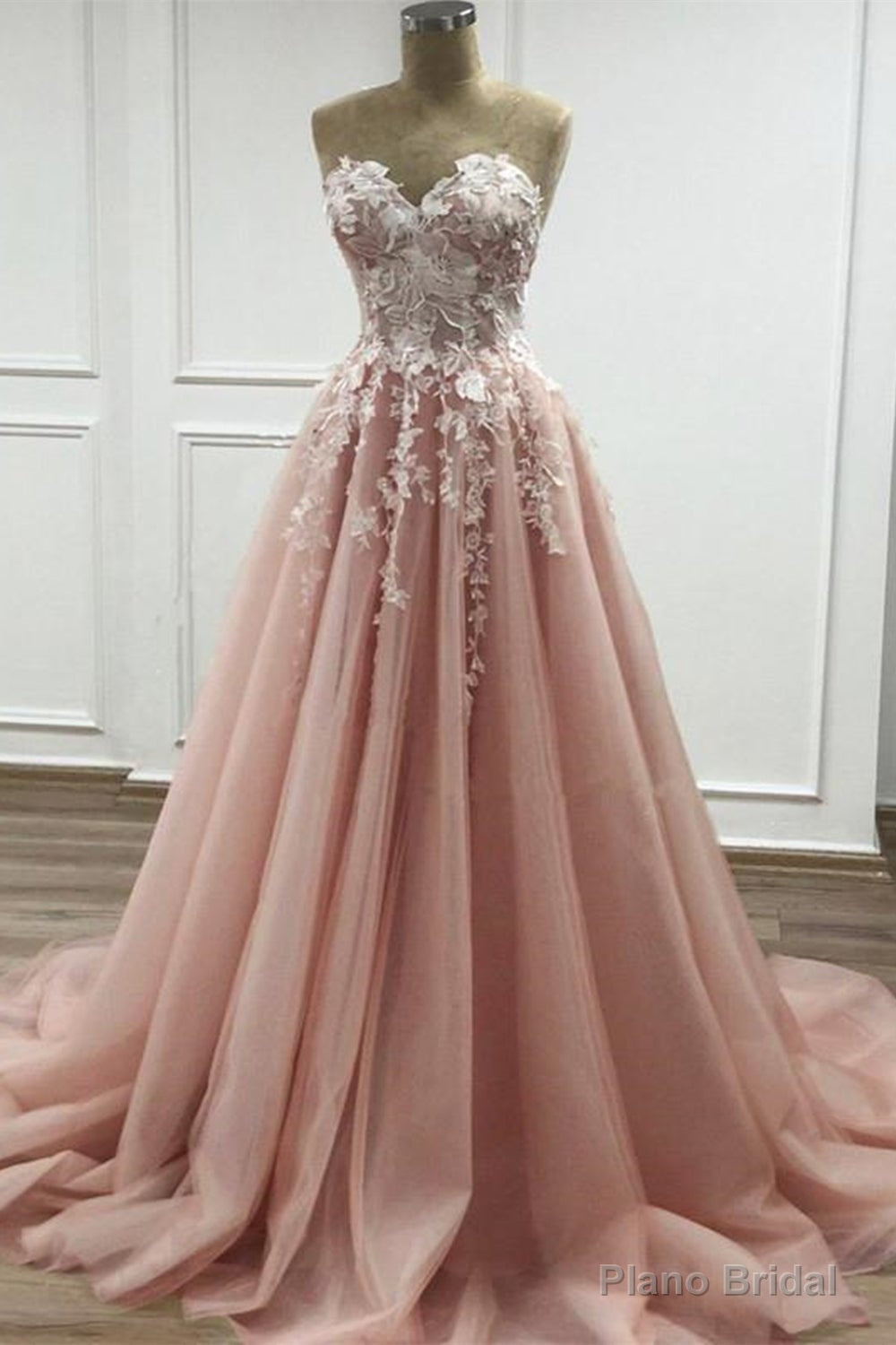 Strapless Sweetheart Neck Pink Lace Appliques Long Prom Dress,Floral Formal Dress,Fashion Evening Dresses Main image