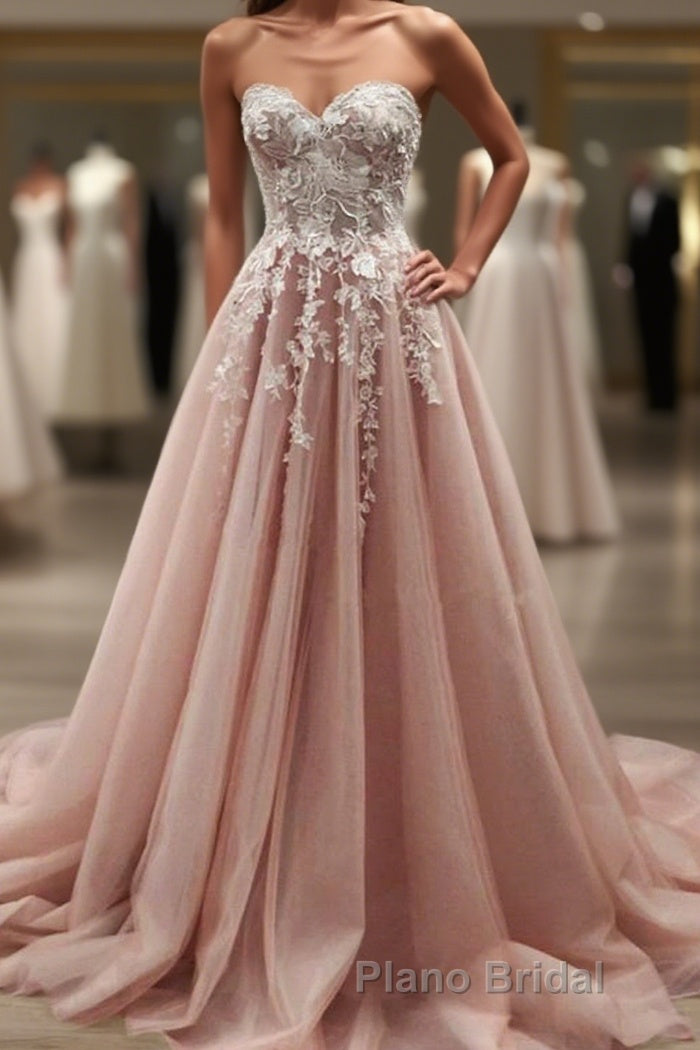 Strapless Sweetheart Neck Pink Lace Appliques Long Formal Prom Dress, Pink Lace Floral Formal Dress, Pink Evening Dress Main image