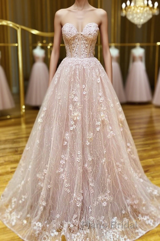 Strapless Sweetheart Neck Pink Lace Long Formal Prom Dress, Pink Lace Formal Graduation Evening Dress Main image