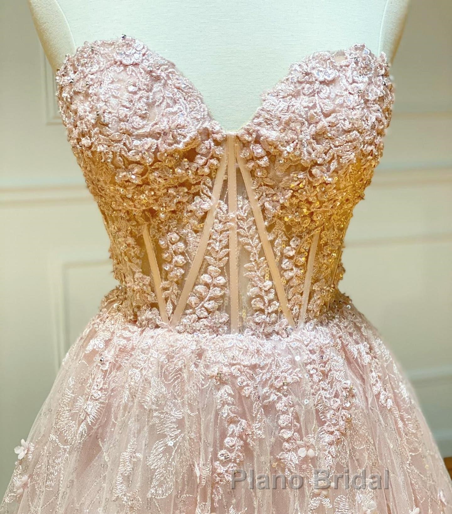 Strapless Sweetheart Neck Pink Lace Long Formal Prom Dress, Pink Lace Formal Graduation Evening Dress Secondary image
