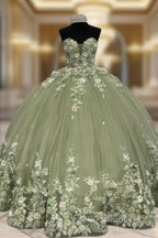 Strapless Tulle Ball Gown Dresses With Pink Floral Flowers