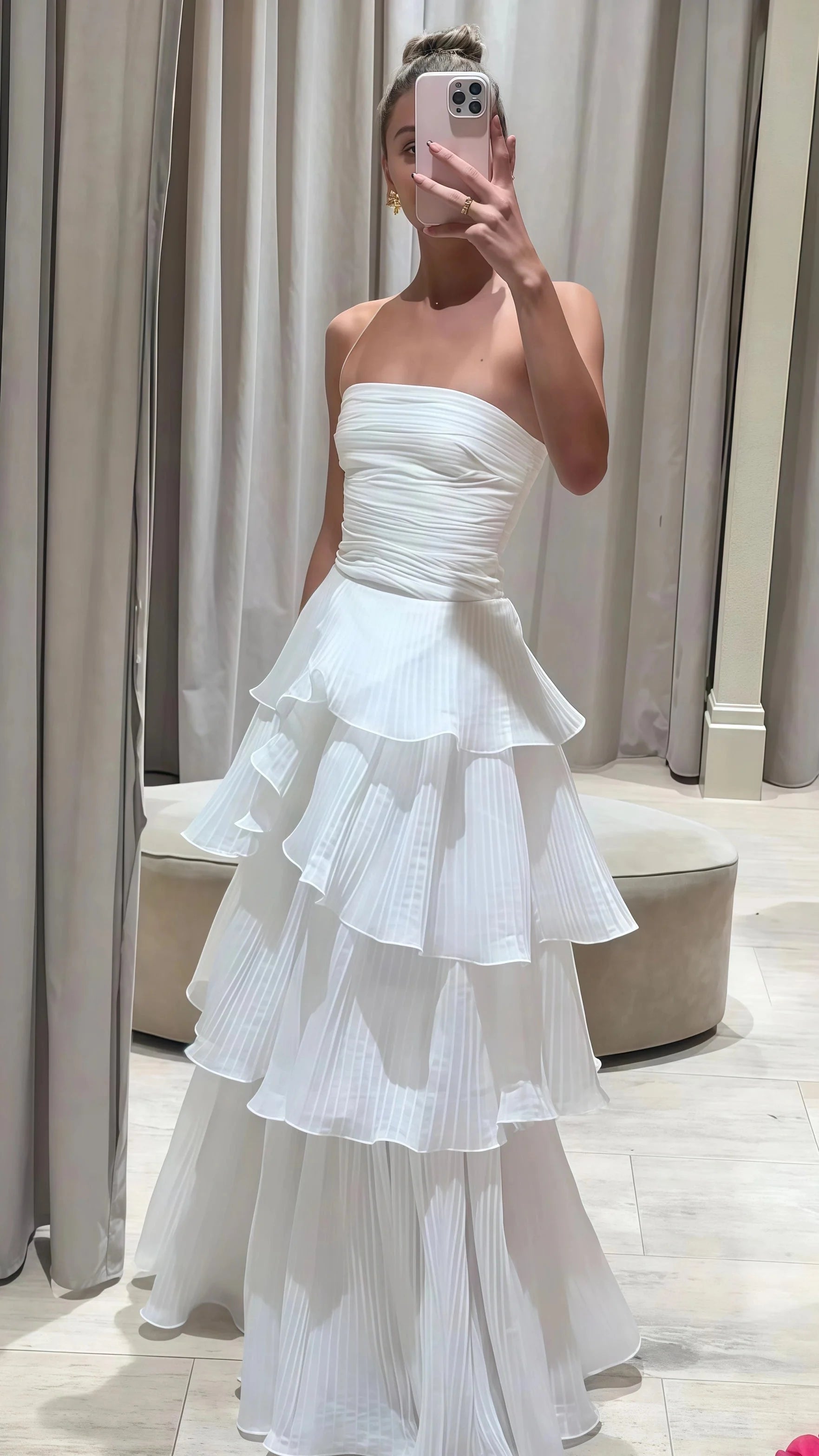 Strapless White Pleated Layers Long Formal Prom Dresses Sleeveless Formal Evening Gown