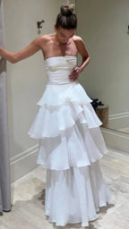 Strapless White Pleated Layers Long Formal Prom Dresses Sleeveless Formal Evening Gown