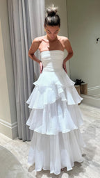 Strapless White Pleated Layers Long Formal Prom Dresses Sleeveless Formal Evening Gown