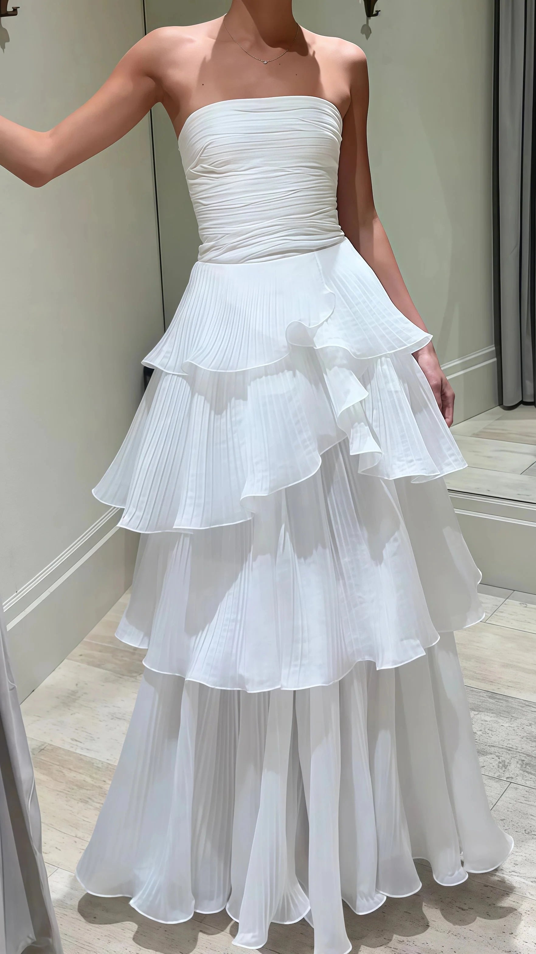 Strapless White Pleated Layers Long Formal Prom Dresses Sleeveless Formal Evening Gown Main image