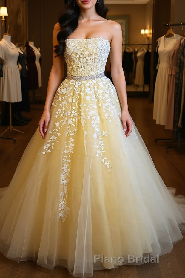 Strapless Yellow Lace Long Formal Prom Dress, Yellow Lace Formal Graduation Evening Dress, Yellow Ball Gown Main image