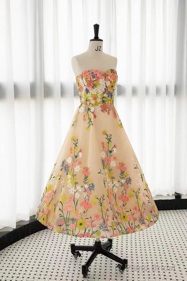 Ankle Length Sweetheart Embroidery Lace Homecoming Prom Dress with Flowers Main image