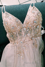 Straps A-Line Beading Rose Wood Formal Prom Dresses with Crystal