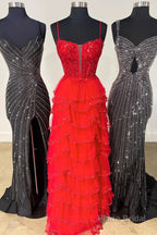 Straps Black Mesh Cutout Sequined Layered Long Prom Dress