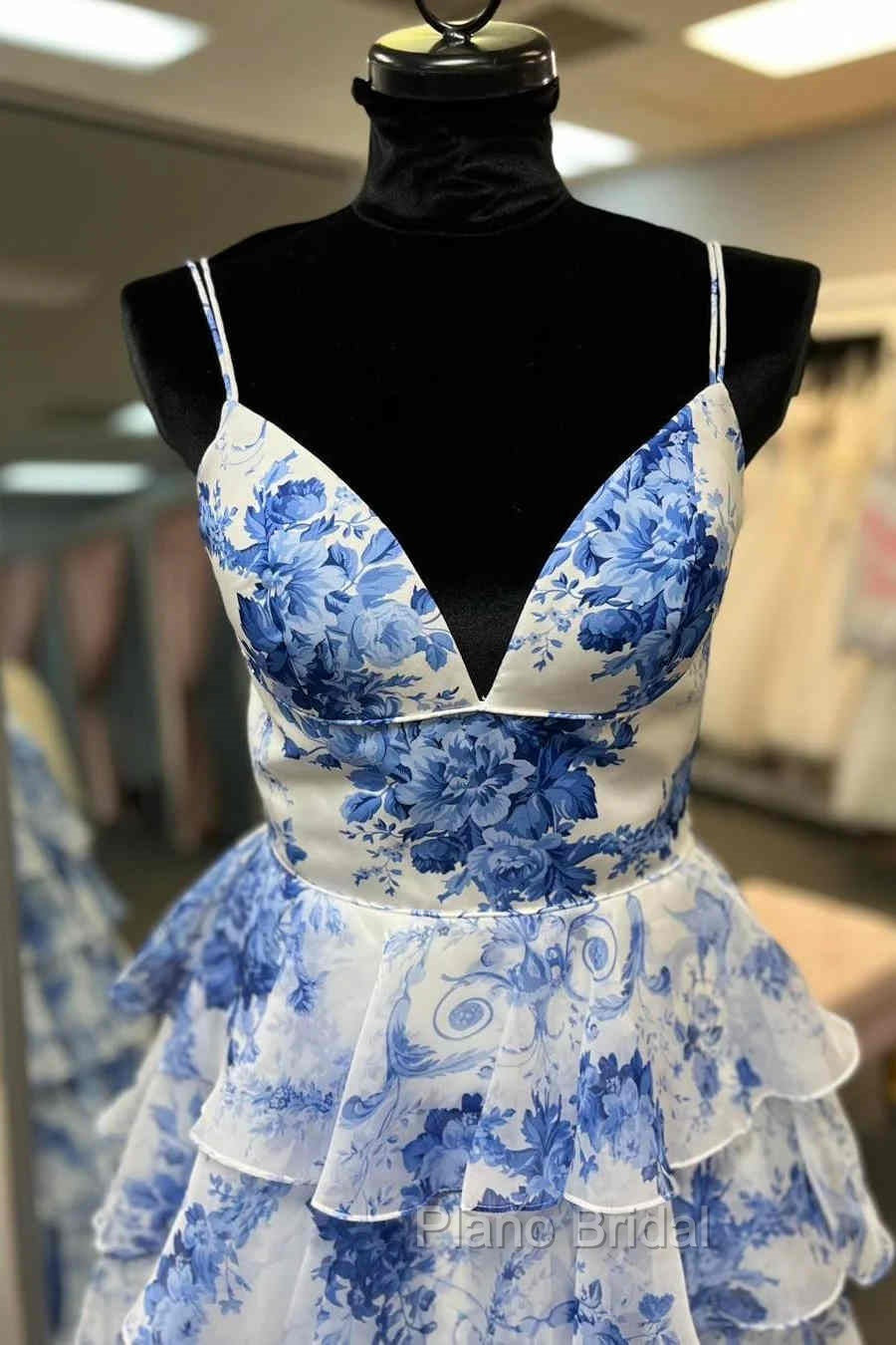 Straps Blue Floral Print High Slit Ruffled Formal Prom Dresses Secondary image