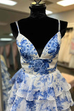 Straps Blue Floral Print High Slit Ruffled Formal Prom Dresses