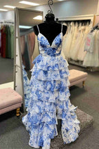 Straps Blue Floral Print High Slit Ruffled Formal Prom Dresses