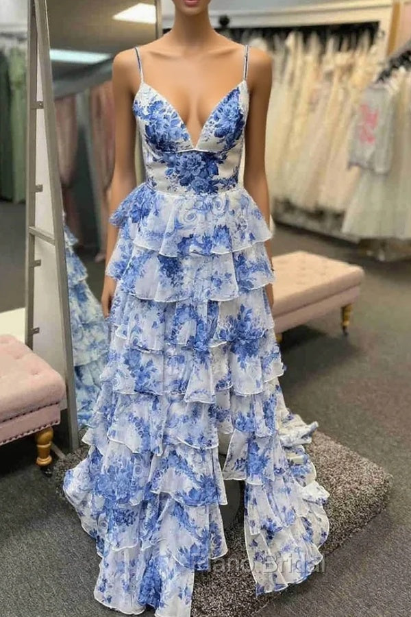 Straps Blue Floral Print High Slit Ruffled Formal Prom Dresses Main image