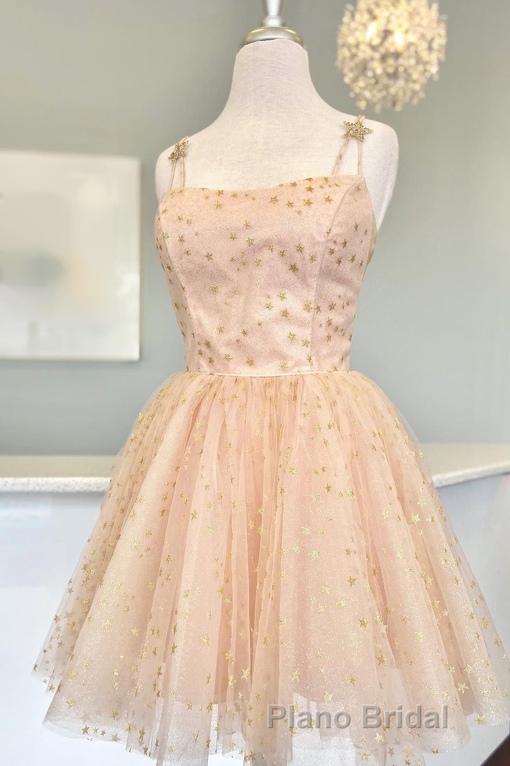 Straps Champagne A-Line Tulle Homecoming Dresses with Gold Stars Secondary image