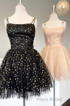 Straps Champagne A-Line Tulle Homecoming Dresses with Gold Stars