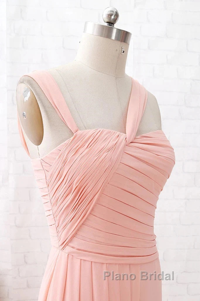 Straps Chiffon Long Bridesmaid Dresses Coral Formal Wedding Party Dresses