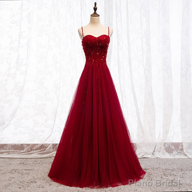 Straps Dark Red Beaded Sweetheart Long Formal Dress, Junior Prom Dress Secondary image