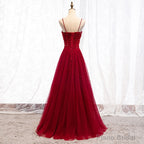Straps Dark Red Beaded Sweetheart Long Formal Dress, Junior Prom Dress