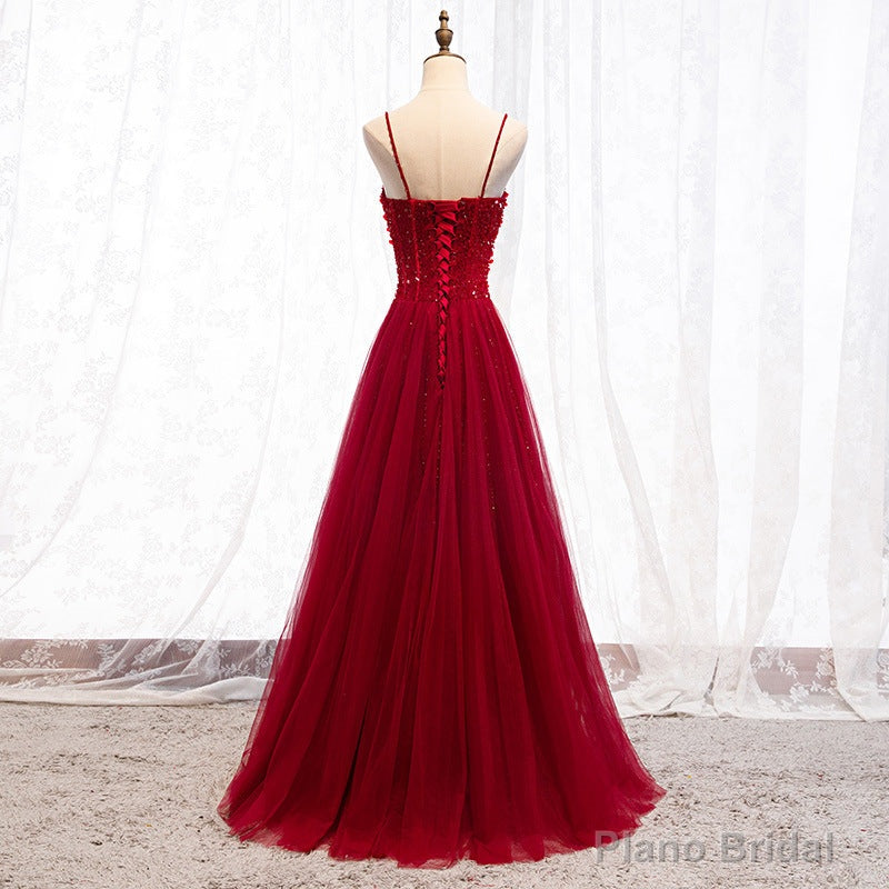 Straps Dark Red Beaded Sweetheart Long Formal Dress, Junior Prom Dress