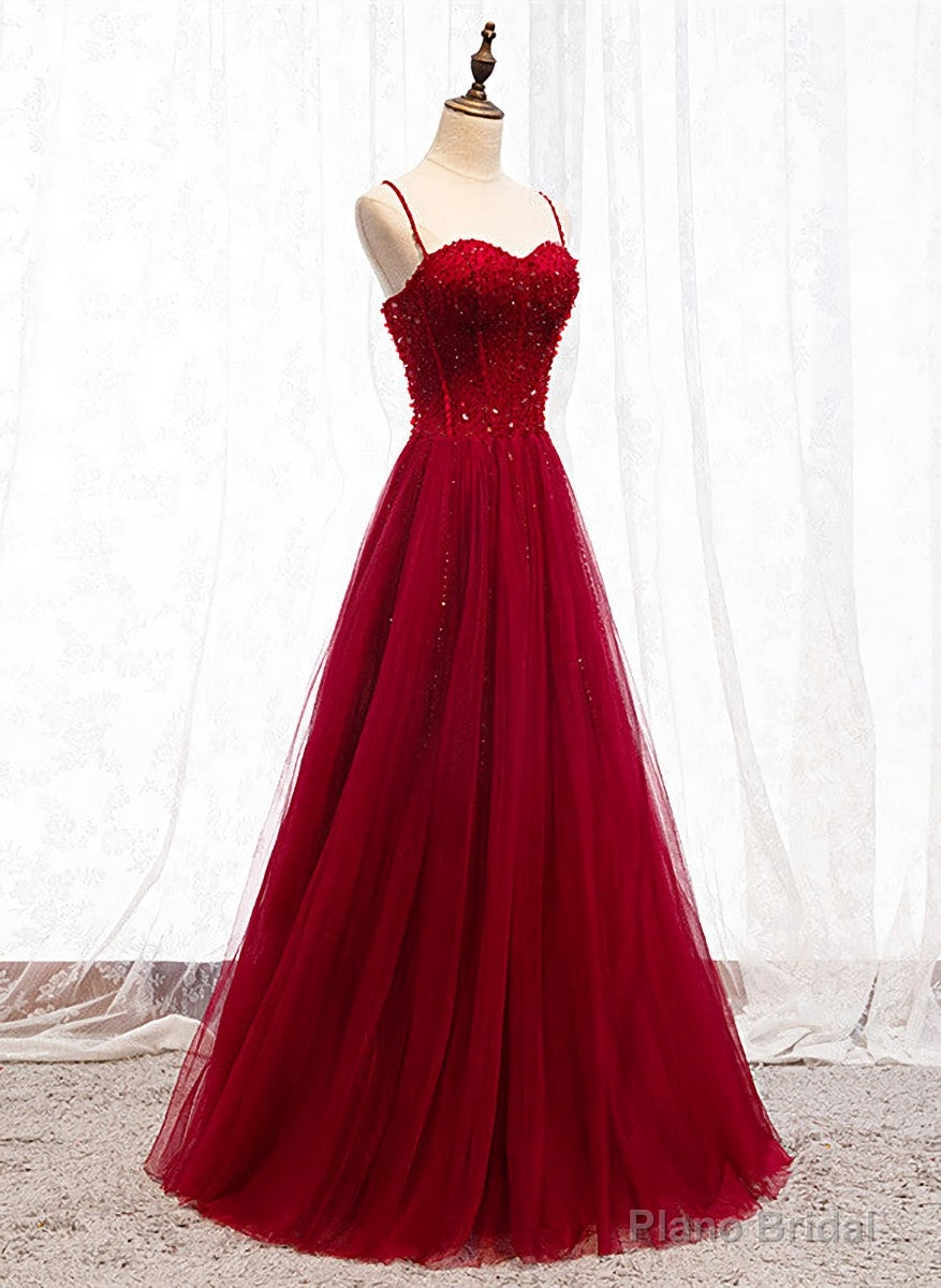 Straps Dark Red Beaded Sweetheart Long Formal Dress, Junior Prom Dress Main image