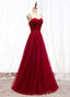 Straps Dark Red Beaded Sweetheart Long Formal Dress, Junior Prom Dress