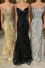 Straps Gold Sequin Mermaid Long Party Dresses