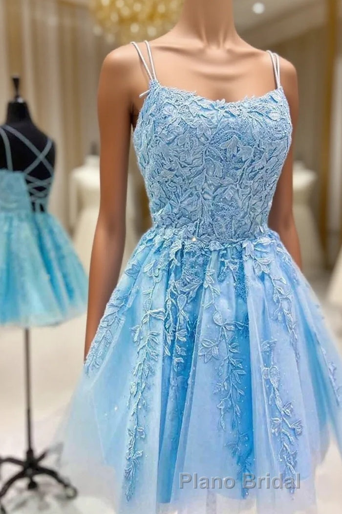 Straps Lace Applique Blue Homecoming Dresses,Fuchsia Cocktail Dresses Main image