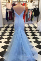Straps Light Blue Mermaid Formal Prom Dresses Beaded Backless Formal Dresses